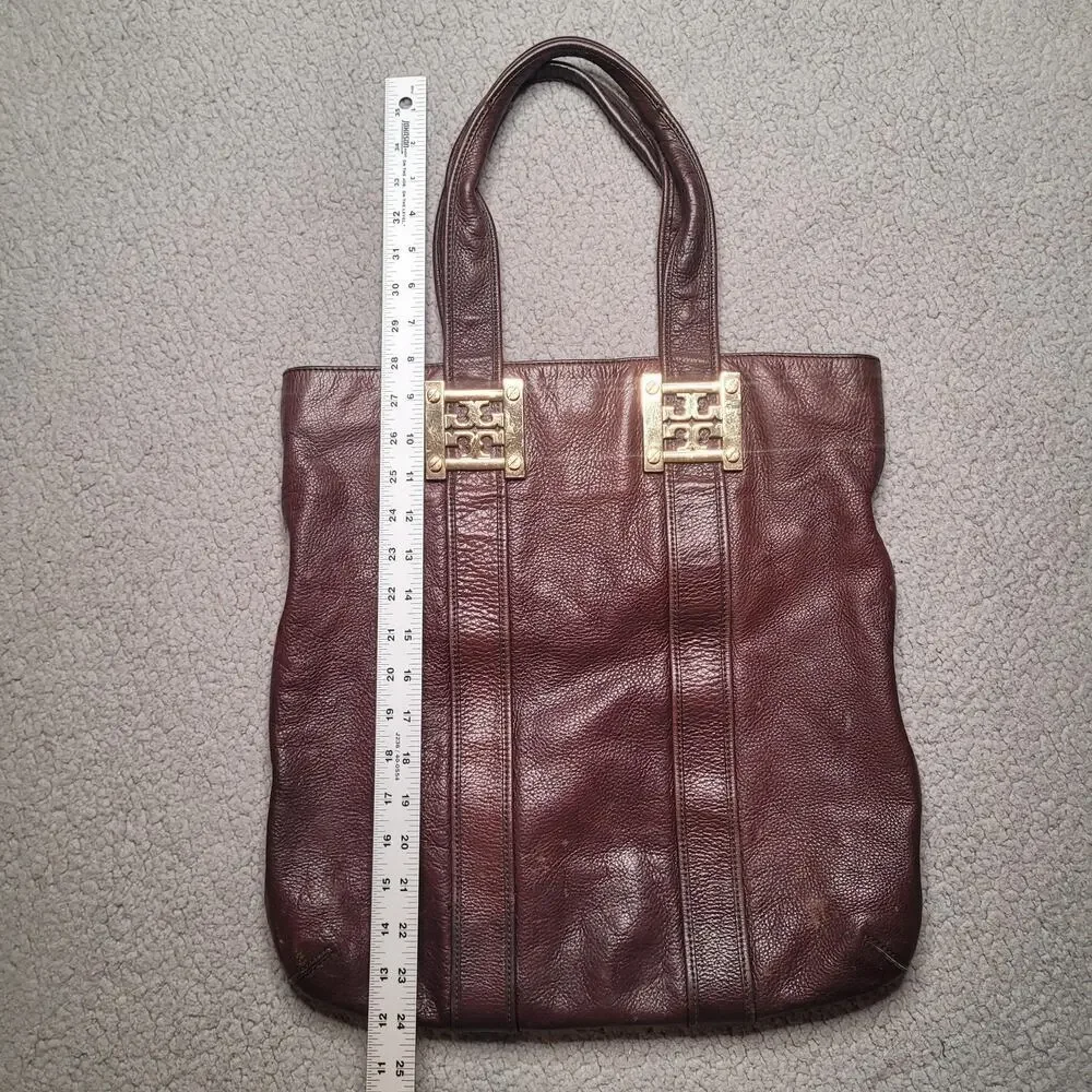 Tory Burch Tote Bag Large Brown Leather Pebbled Top Handle Logo Zip Purse